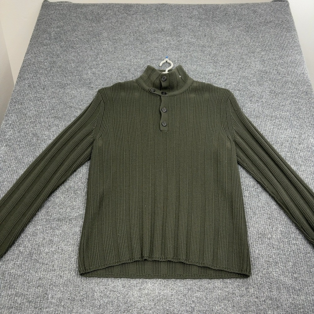 Banana Republic Sweater Men L Green Merino Wool Ribbed Mock Neck Button Military - Picture 2 of 7